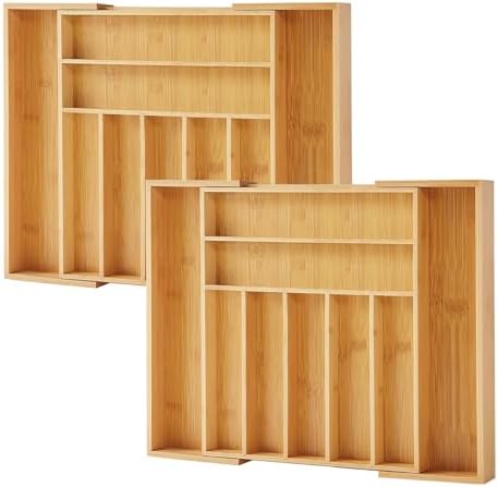 Bamboo Drawer Organizer, 2 Pack - Expandable Silverware Organizer...
