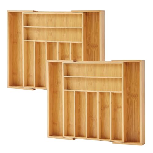 Bamboo Drawer Organizer, 2 Pack - Expandable Silverware Organizer & Utensil Drawer Organizer, Cutlery Tray with Dividers, 7-9 Slots- Premium Kitchen Organizer for Utensils & Flatware (Natural)