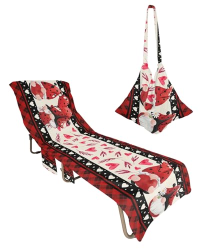 Red Plaid Gnomes Beach Chair Towel Covers for Chaise Lounge with Side Pocket, Soft Plush Pool Towels Cover for Patio Sunbathing Outdoor 29''x85'' Valentine's Day Buffalo Pliad Black