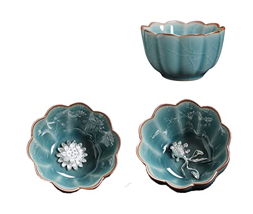 Beautiful Chinese Dragon and Phoenix Lotus&Goldfish tea cups set,3d Silver Lotus Inlaid Ceramic Tea Cup Chinese Kungfu Tea Cup (Color : Lotus and goldfish set)