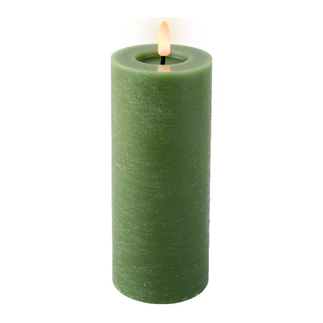 Lumineo Battery Operated Green Wax 7.5 Inch Candle, Realistic Warm White Flame, 6-Hour Timer, 2 AAA Batteries (Not Included)