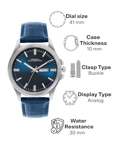 Image of French Connection Sunray Blue Round Dial with Blue Leather Strap Watch for Mens - FCN0121UL