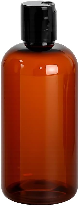 Natural Farms 12 Pack – 8 oz - Amber Boston Plastic Bottles – Black Disc Top - for Essential Oils, Perfumes, Cleaning Products