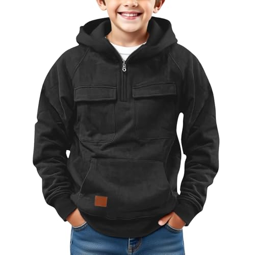 Image of Boys 1/4 Zip Cargo Hooded Sweatshirt Oversized Jumper Pullover Tween Boy Long Sleeve Hoodie Tactical Sweatshirt with Multiple Pockets for Workout Gym Athletic Outdoor Outerwear (Black, 12-13 Years)