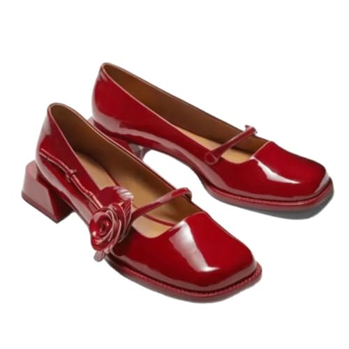 Cute Rose Strap Mary Janes for Women Block Low Heel Pumps Emo Ballet Flats Slip On Ballerina Shoes Low Top Breathable Lightweight Leather Square Toes No Slip Casual Retro Dress Shoes Casual Streetwear
