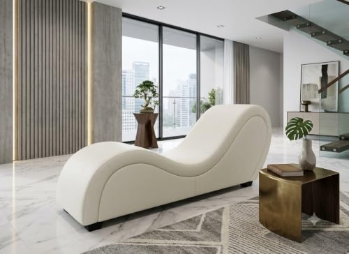 Image of SOUL CRAFT Sheesham Wood Leatherate Tantric Chaise Loung Chair, Yoga Chaise Lounge,Chaise Sofa Modern Lounge,Relaxing Chaise Lounge Chair, loveseats and chaises with Cushion (Off White)