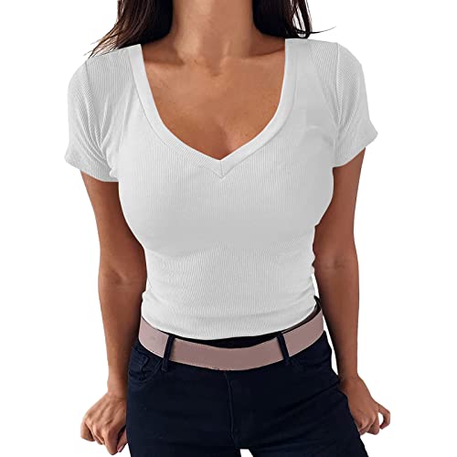 T-Shirt Damen V-Ausschnitt - Enge Oberteile Damen Kurzarm Gerippte Basic...