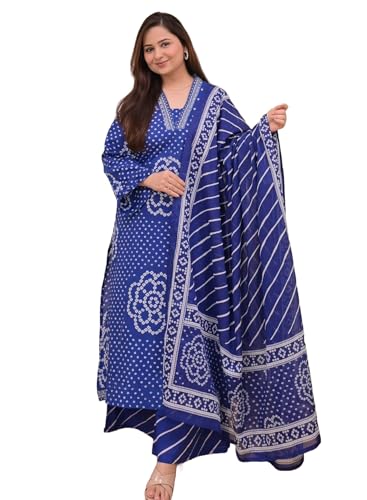 Image of Klosia Women Pure Cotton Kurta Pant Set with Dupatta | Bandhani Print Kurta Sets for Women | Comfortable Suit Sets|Regular Fit