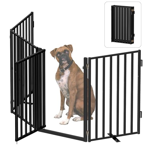 Bknius Free Standing Dog Gate with Door for Indoor Outdoor Portable Dog Fence Foldable Design Metal Black 32 Tall Expandable 4 Panels Use for Front Door Yard Stairs