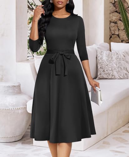 Image of Casual Dresses for Women Midi Church A-Line Fit and Flare Dress Crewneck 3 /4 Sleeve Party Dress