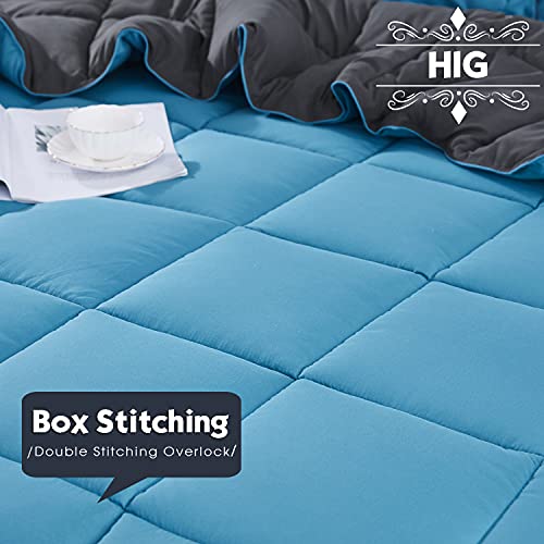 Hig 3-Piece Box Stitching Turquoise Comforter Set Queen Size With 4 Corner Tab - 100% Down Alternative Filling Duvet Insert - Durable & Easy Care - Year-Round Lofty Reversible Comforter, Fluffy, Soft #TOP2