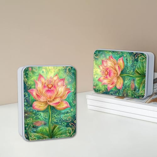 Image of Metal Tin Box with Lid,Multi-functional Storage Box Can Store Tea Biscuits Game Cards, Playing & Tarot Cards-Comes with 4 Magnetic Cord Clips,Lotus Flower Art