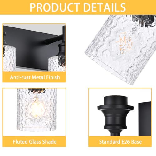Image of 6 Lights Black Bathroom Lighting Fixtures with Clear Fluted Glass | Modern Farmhouse Vanity Light Bathroom Wall Sconces Over Mirror, E26 Socket, for Bedroom, Living Room, Hallway, Kitchen
