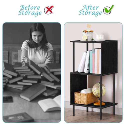 ETELI 3 Tier Small Bookshelf Black Book Shelf for Small Spaces S Shaped Bookcase Organizer for Office, Kids, Living Room Bedroom Home Corner