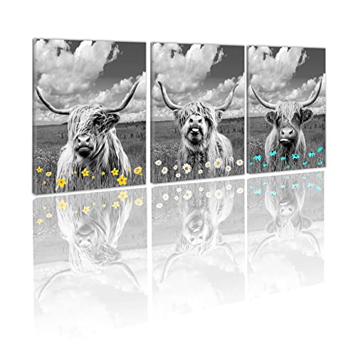 HVEST Highland Cow Canvas Wall Art 3 Pieces Farmhouse Western Animal Floral Abstract Painting Natural Landscape Framed Modern Artwork Ready to Hang for Bathroom Bedroom Living Room Dam,12x16 Inches Cover