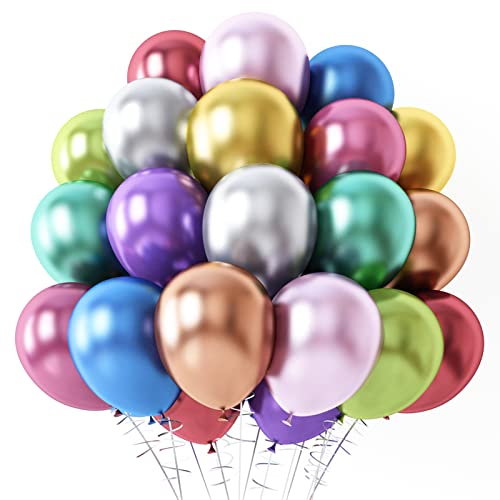 Rubfac 100Pcs Metallic Rainbow Balloons, 12 Inches 10 Assorted Colors Metallic Party Balloons For Birthday Graduation Carnival Baby Shower Wedding Decorations #TOP24