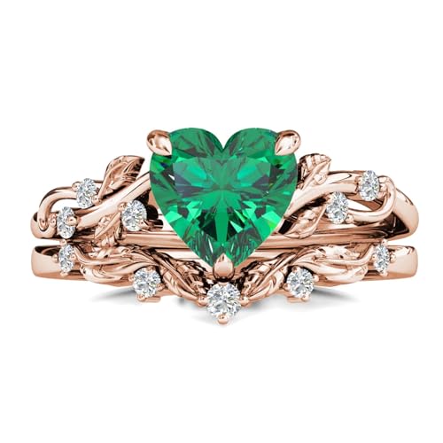 10K 14K 18K Gold Heart Emerald Engagement Ring Set for Women Leaf Art Deco Ring Set Heart Cut Vintage Vine Emerald Bridal Wedding Promise Ring Set Size4~153