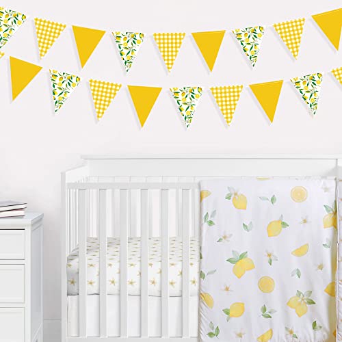 Image of 44 Ft Lemon Party Decorations Yellow Plaid Floral Lemon Banner Bunting Hanging Paper Triangle Garland Streamer for Wedding Bridal Shower Engagement Bachelorette Baby Shower Birthday Party Supplies