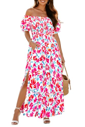 Image of Plus Size Summer Dresses Sun - Maxi Boho Casual Off Shoulder Floral Lace Long Dress with Pockets