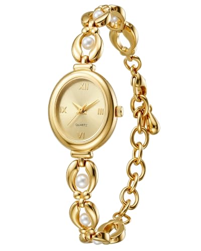 Image of CIVO Vintage Gold Watches for Women: Small Oval Roman Dial & Pearl Bracelet
