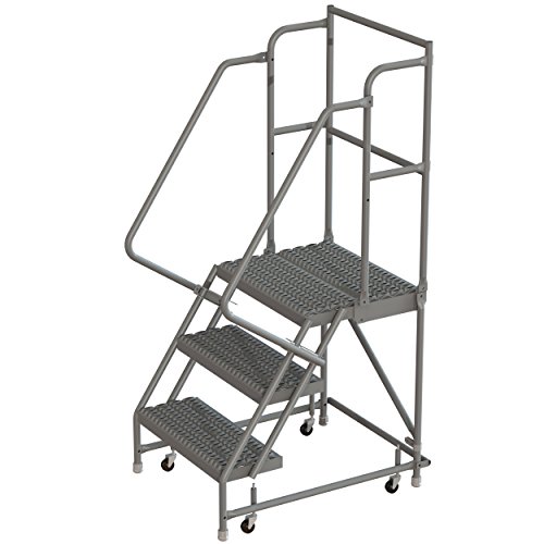 Image of Tri-Arc KDSR103242-D2 3-Step 20 inch Deep Top Steel Rolling Industrial & Warehouse Ladder with Handrails, 24 inch Wide Grip Strut Tread