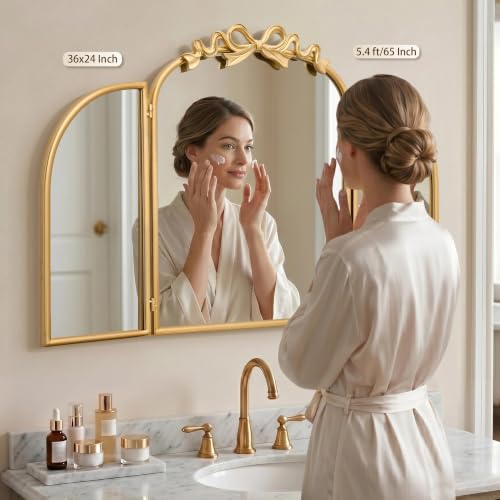 Image of Besdomus Bow 3 Way Vanity Mirror: 36 inchx24 inch Gold Large Vintage Trifold Mirror | French Antique Metal Framed - Large Three Sided Dresser Mirors for Bedroom /Dressing Room /Cloakroom - Home Decor for Housewife