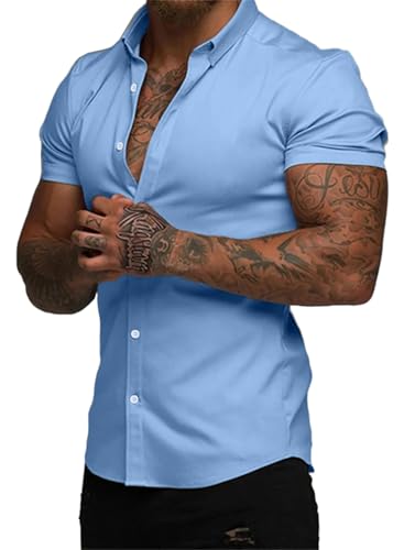 JMIERR Muscle Dress Shirts for Men Muscle Fit Stretch Casual Button Down Short Sleeve Wrinkle-Free Shirt,M,Blue