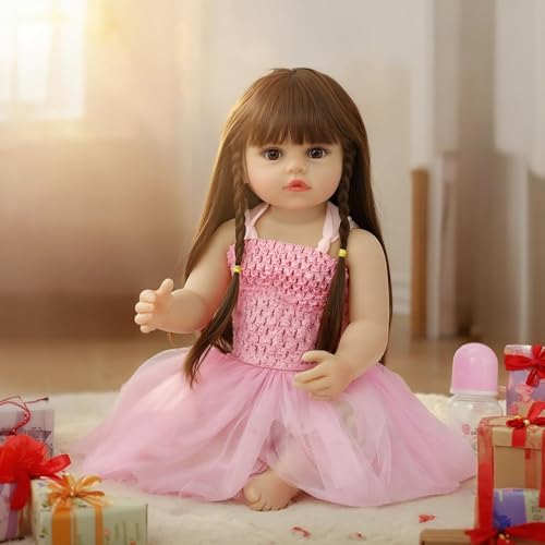 Reborn Baby Dolls 22 Inch Realistic Baby Girl Doll with Hair Silicone Full Vinyl Body Anatomically Correct Newborn Doll Real Life Like Muñecas Reales para Niñas Toddler Clothes Gift Set for Kid Age3+