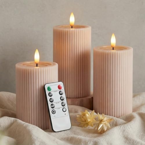 WYZworks Fluted Ribbed LED Pillar Candles, Blush Beige, with Real...