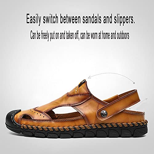 Mens Closed Toe Sandals Casual Waterproof Leather Sandals Beach Shoes Fashion Lightweight Slippers Sandals (Red Brown)3