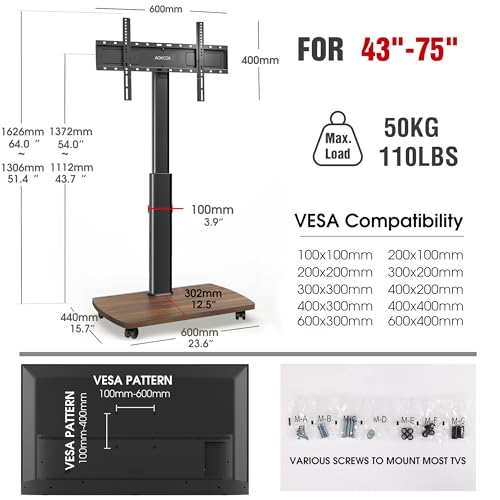 AOKCOS TV Floor Stand Rollable with Wooden Shelf, TV Stand with Wheels for 43-75 Inch, Height Adjustable Swivelling TV Stand, Max. VESA 600 x 400 mm - Image 7