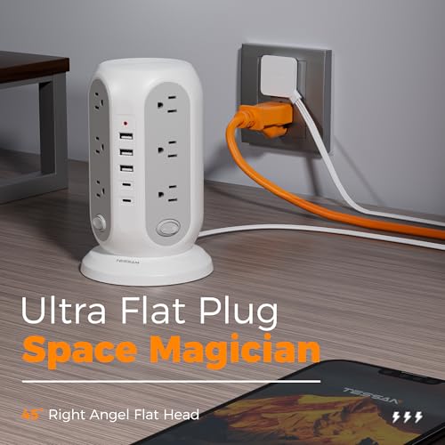 Image of TESSAN Tower socket strip with individual switches, surge protector with 12 sockets, 5 USB ports (2 USB-C), 3 m flat extension cable, flat plug,