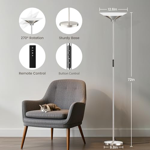 Image of SIBRILLE Metallic Silver Torchiere Floor Lamp - 30W Dimmable LED Standing Lamp with Remote /Button Control, 1800Lm, 3000-6500K, 72in Tall Bright Pole Light for Living Room Bedroom Office Corner