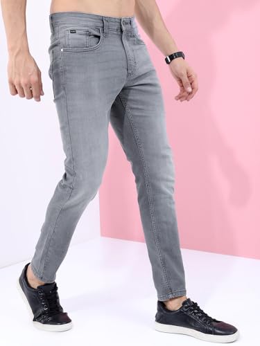 Image of Highlander Mens Tapered Fit Denim Jeans for Man |Jeans Pant Cropped Length|Mid-Rise|Stylish Casual Wear with Stretchable Fabric