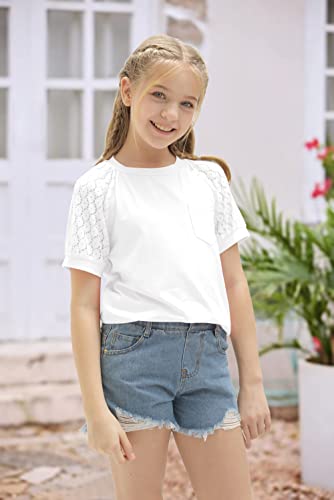 Image of Girls Summer Short Sleeve Shirts Lace Casual Cute Crew Neck Solid Color Blouses Tops Sizes 6-15 Years
