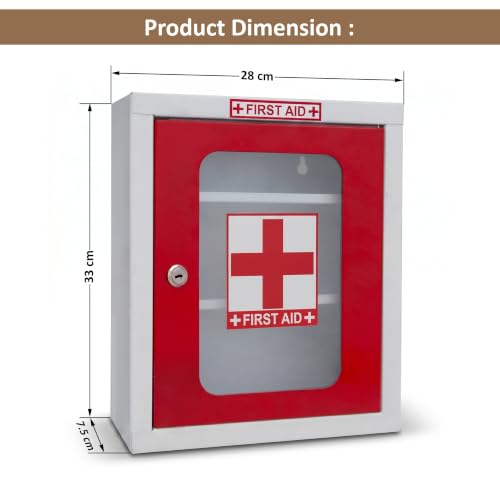 Image of First Aid Kit Box for Home Wall Mounted | GI Steel Medicine Storage Cabinet with Lock & Key | Multi Compartment Emergency Medical Box for Office, School, Clinic & Kitchen (Red & White)