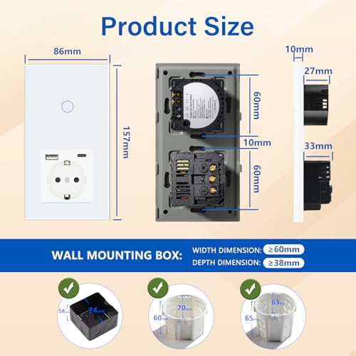 BSEED Touch Lichtschalter mit USB Steckdose Anschluss (Max. 2.1A) Typ C Port 1 Fach 1 Weg Wandschalter mit USB Steckdose Unterputz Lichtschalter mit Glasrahmen Wei&szlig; (Nicht Smart Schalter)