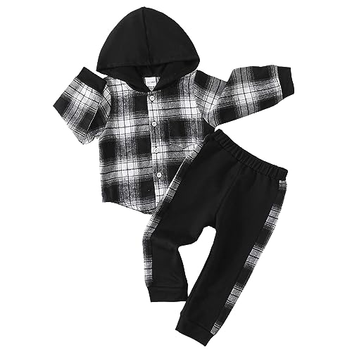 Image of KIMI BEAR Toddler Baby Boy Clothes Long Sleeve Hoodie Plaid Flannel Shirt and Pants Set Fall Winter Outfits