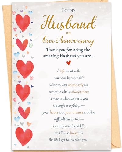 Mirelia Anniversary Card For Husband Sentimental Verse And Watercolour Hearts Romantic Card For Him 20.5 x 13.5 cm With Envelope