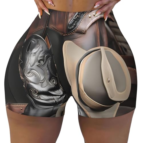 Cowboy Black Hat Western Boots Pattern Sports Shorts, high Elastic Slim Fitness Pants, Suitable for Yoga/Leisure/Daily wear