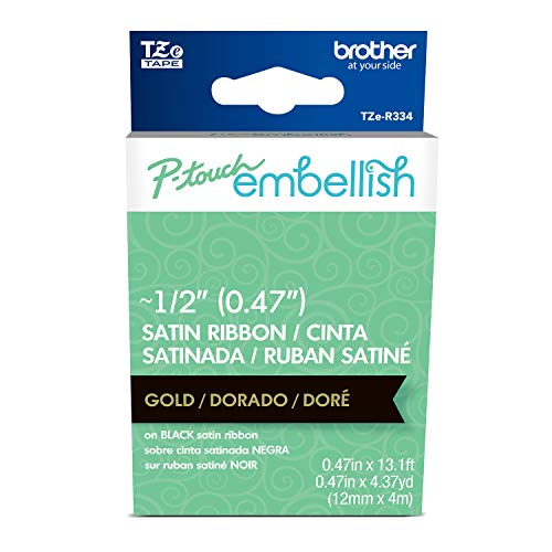 Image of Brother P-Touch Embellish Gold Print on Black Satin Ribbon TZER334 - ~ inch Wide x 13.1' Long for use with P-Touch Embellish Ribbon & Tape Printer