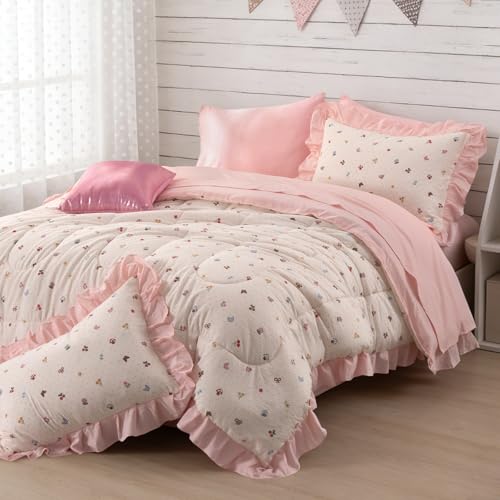 Image of A Nice Night Ruffle 6 Pcs Bed in a Bag Comforter Set,Creamy Background with Bow, Mushroom, Cherry & Butterfly Pattern - Colorful Wonderland Design Bedding Sets,Twin