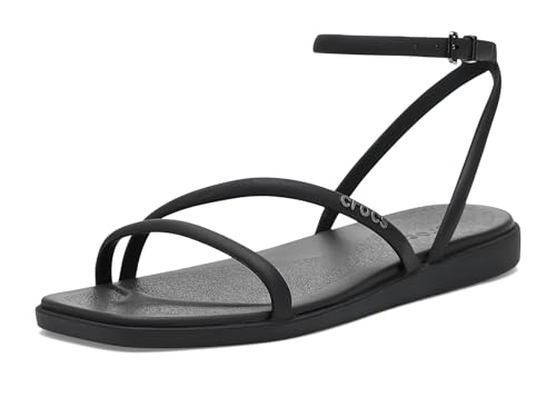 Crocs Sandalias planas Miami con correa al tobillo para mujer, color negro, talla 5, Black, 37/38 EU