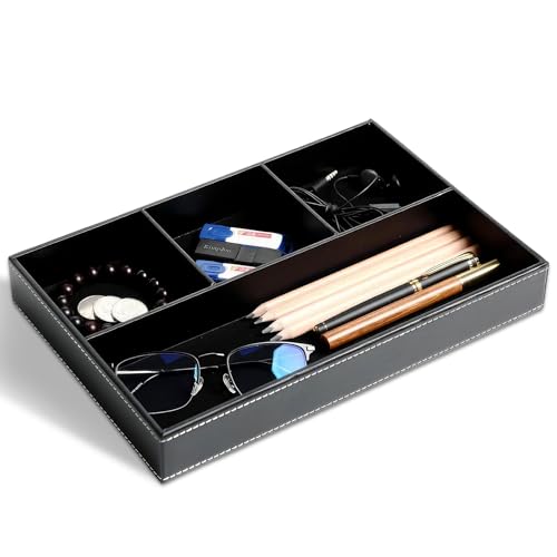 Bandeja de Valet Cuero, Bandeja con 4 compartimentos, Organizador de Escritorio de Piel Sintética, Puede Almacenar Llaves, Gafas, Billeteras, Joyas y Otras Necesidades Diarias (Negro)