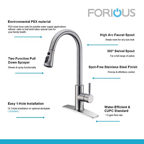 FORIOUS Kitchen Faucet with Pull Down Sprayer Brushed Nickel, High Arc Single Handle Kitchen Sink Faucet with Deck Plate, Commercial Modern rv Stainless Steel Kitchen Faucets, Grifos De Cocina