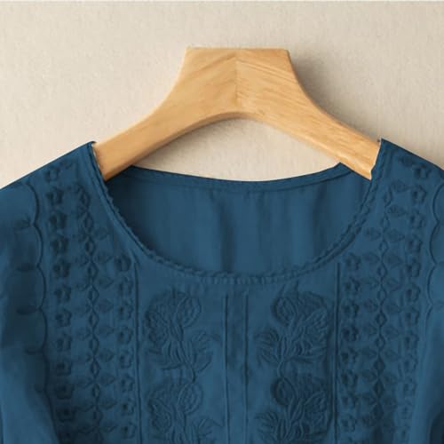 Embroidered Tops For Women Linen Shirts Peasant Boho Blouses Navy Medium - image 6