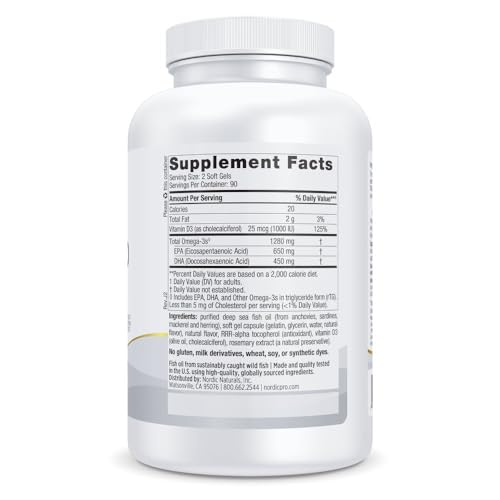 Image of Nordic Naturals ProOmega-D, Lemon Flavor - 180 Soft Gels - 1280 mg Omega-3 + 1000 IU D3 - High-Potency Fish Oil - EPA & DHA - Brain, Eye, Heart, & Immune Health - Non-GMO - 90 Servings