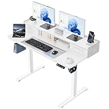 YESHOMY 48" x 23" Electric Standing Desk with 2 Storage Drawers, Height Adjustable Computer Desk, Low Noise Home Office Stand Up Desk with 2 Preset Heights & 2 Hooks, White