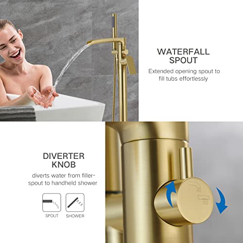 Taplong Waterfall Freestanding Bathtub Faucet Set Single Handle Floor Mount Tub Filler With Hand Shower High Flow Rate Max 6 Gpm, Brushed Gold, 51019Bg #TOP1