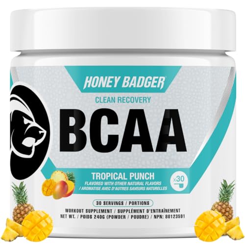 Honey Badger BCAA Amino Acids Electrolytes Powder, Keto, Vegan, Sugar Free BCAAs + EAA with L-Glutamine for Men & Women, Hydration & Post Workout Muscle Recovery Drink Mix, Tropical Punch